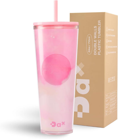 DA Plastic Tumbler With Lid And Straw, Double Wall Design, Leak Resistant Reusable BPA Free Travel Cup For Iced Coffee And Smoothies, 24oz (Pastel Purple Flowers)