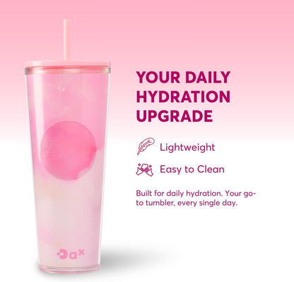 DA Plastic Tumbler With Lid And Straw, Double Wall Design, Leak Resistant Reusable BPA Free Travel Cup For Iced Coffee And Smoothies, 24oz (Pastel Purple Flowers)