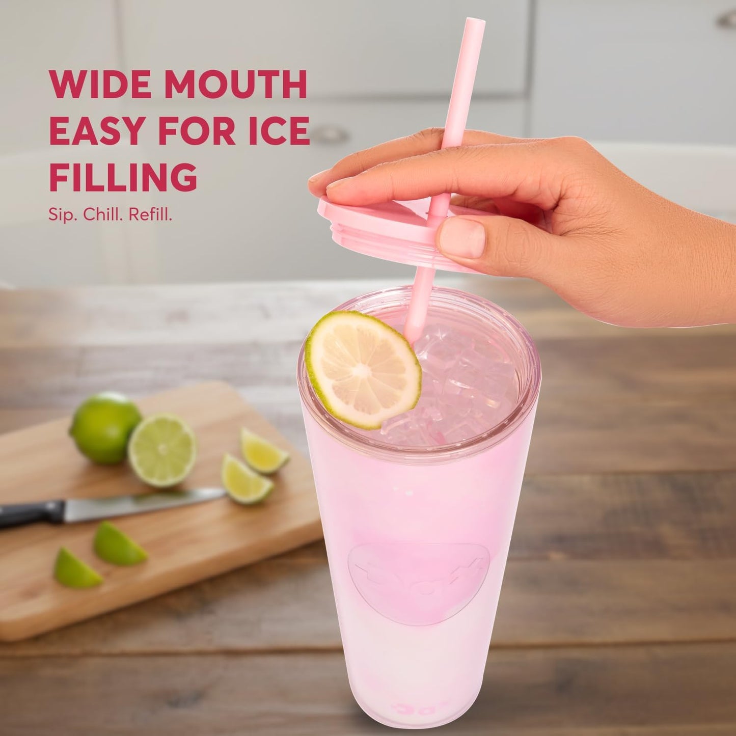 DA Plastic Tumbler With Lid And Straw, Double Wall Design, Leak Resistant Reusable BPA Free Travel Cup For Iced Coffee And Smoothies, 24oz (Pastel Purple Flowers)
