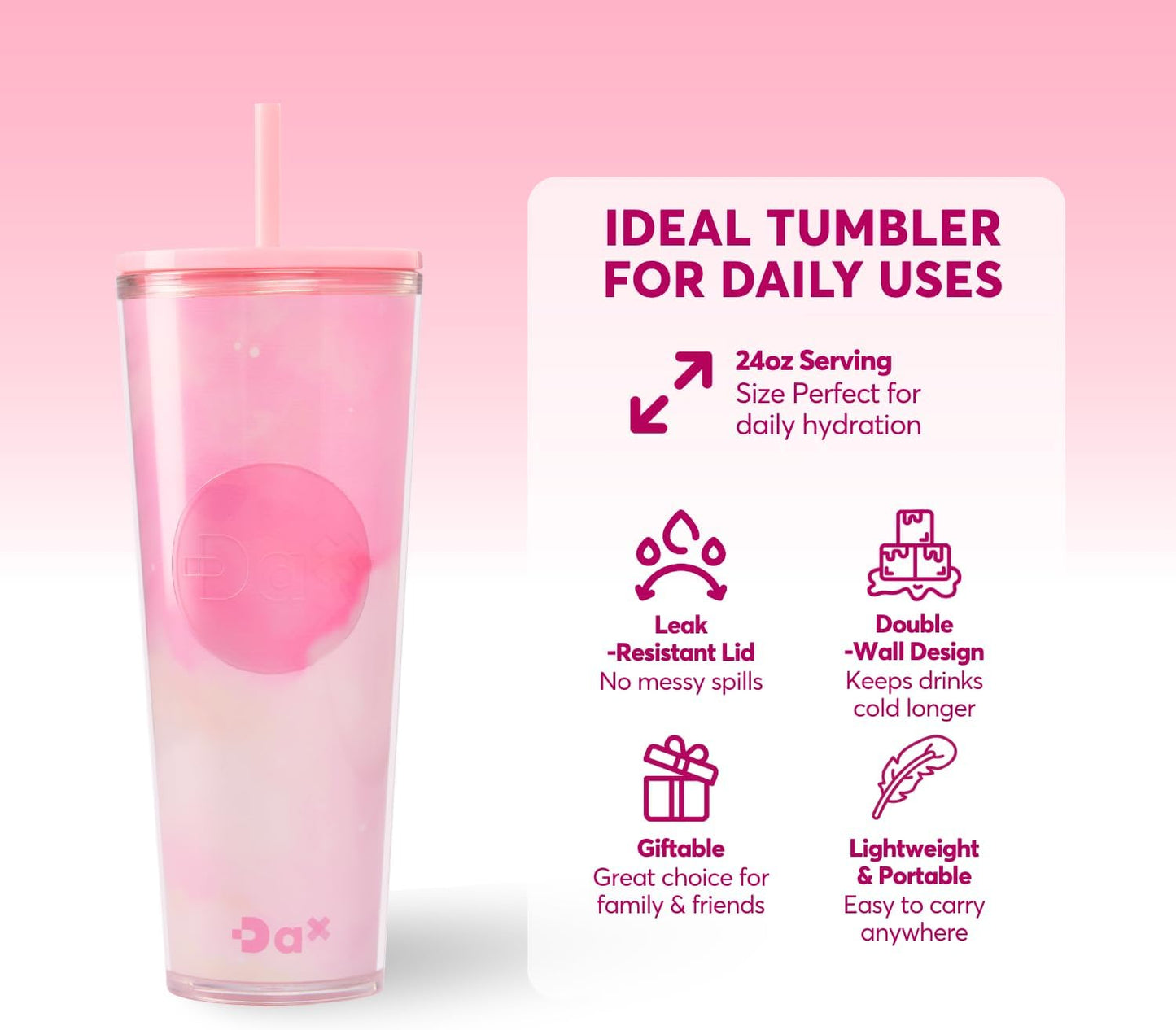 DA Plastic Tumbler With Lid And Straw, Double Wall Design, Leak Resistant Reusable BPA Free Travel Cup For Iced Coffee And Smoothies, 24oz (Pastel Purple Flowers)