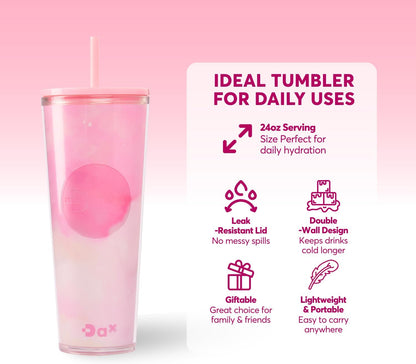 DA Plastic Tumbler With Lid And Straw, Double Wall Design, Leak Resistant Reusable BPA Free Travel Cup For Iced Coffee And Smoothies, 24oz (Pastel Purple Flowers)