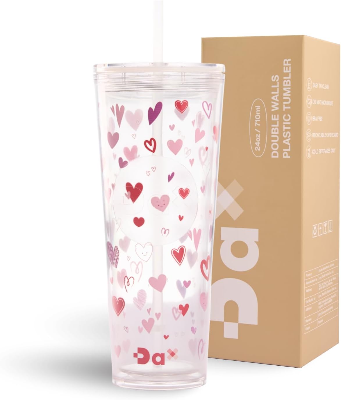 DA Plastic Tumbler With Lid And Straw, Double Wall Design, Leak Resistant Reusable BPA Free Travel Cup For Iced Coffee And Smoothies, 24oz (Pastel Purple Flowers)