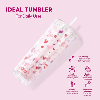 DA Plastic Tumbler With Lid And Straw, Double Wall Design, Leak Resistant Reusable BPA Free Travel Cup For Iced Coffee And Smoothies, 24oz (Pastel Purple Flowers)