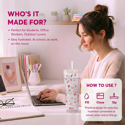 DA Plastic Tumbler With Lid And Straw, Double Wall Design, Leak Resistant Reusable BPA Free Travel Cup For Iced Coffee And Smoothies, 24oz (Pastel Purple Flowers)