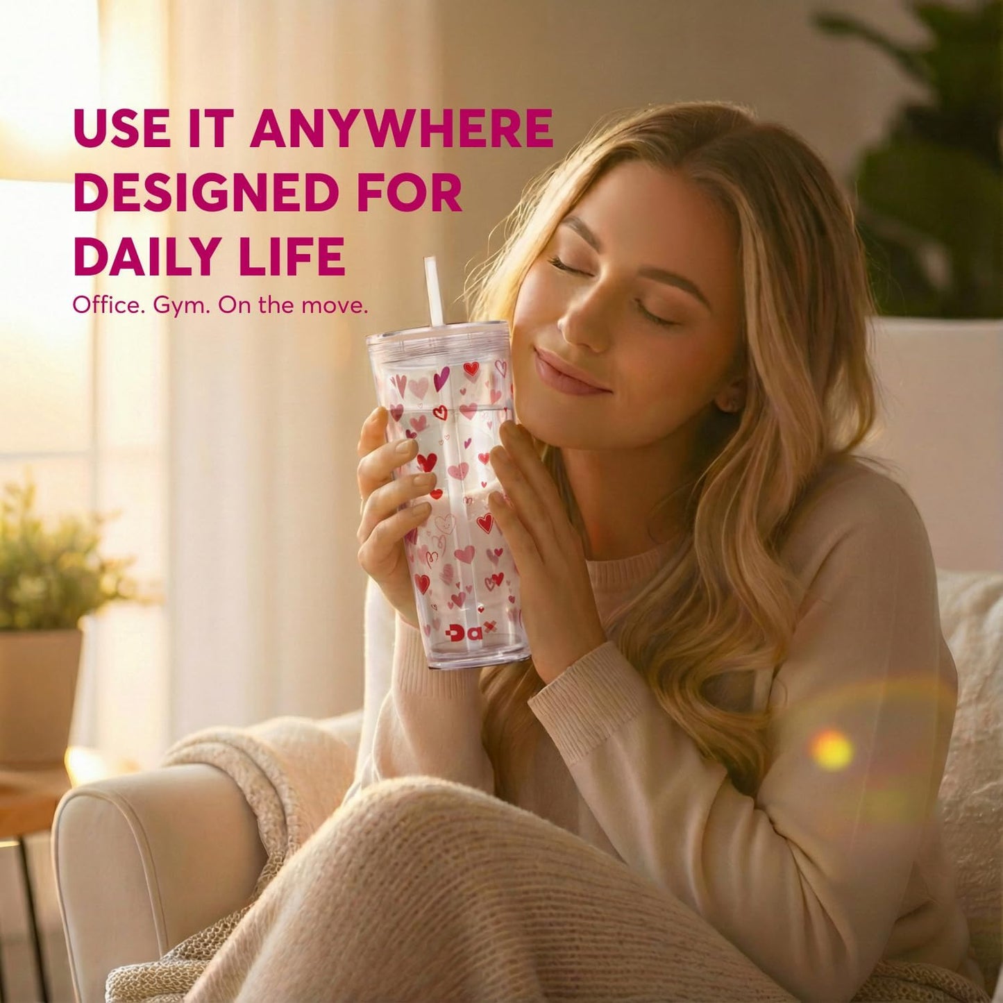 DA Plastic Tumbler With Lid And Straw, Double Wall Design, Leak Resistant Reusable BPA Free Travel Cup For Iced Coffee And Smoothies, 24oz (Pastel Purple Flowers)