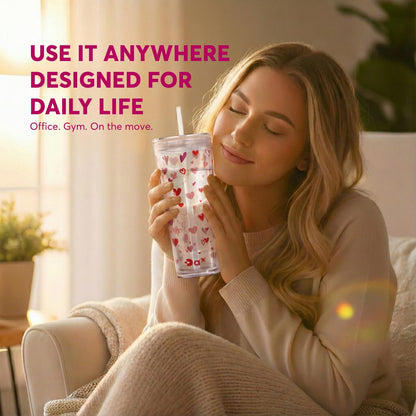 DA Plastic Tumbler With Lid And Straw, Double Wall Design, Leak Resistant Reusable BPA Free Travel Cup For Iced Coffee And Smoothies, 24oz (Pastel Purple Flowers)