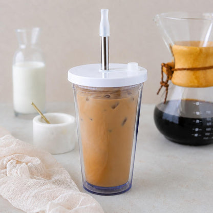 Reusable Iced Coffee Cup 16 Oz, Leakproof Iced Coffee Tumbler, Clear Plastic Tumbler with Lid and Straw, Double Wall Insulated, BPA-Free, No Sweat, for Hot and Cold Drinks