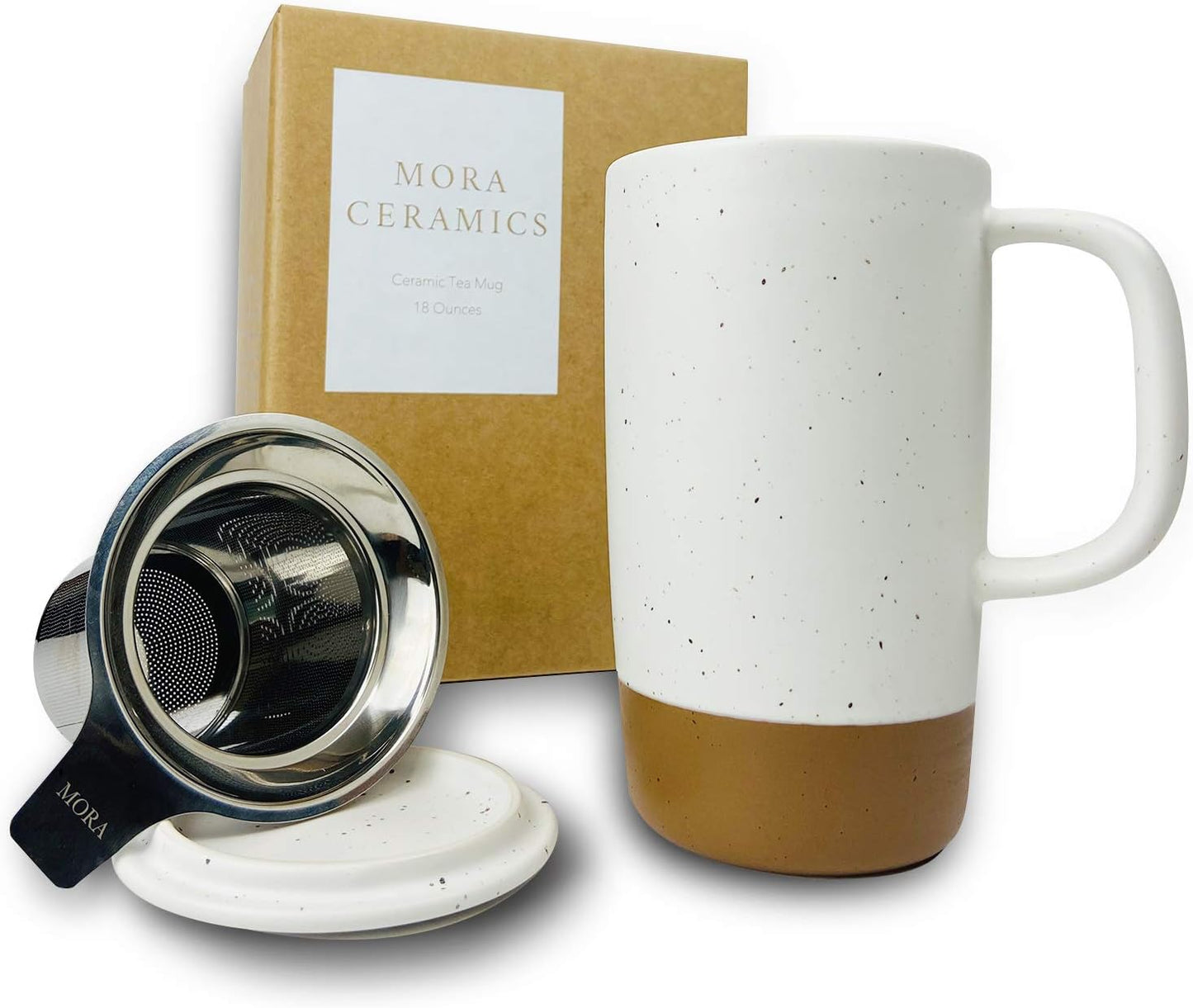Ceramics Large Tea Mug with Loose Leaf Infuser and Ceramic Lid, 18 oz, Portable, Microwave and Dishwasher Safe, Tall Coffee Cup - Rustic Matte Ceramic Glaze, Modern Herbal Tea Strainer, Sleet