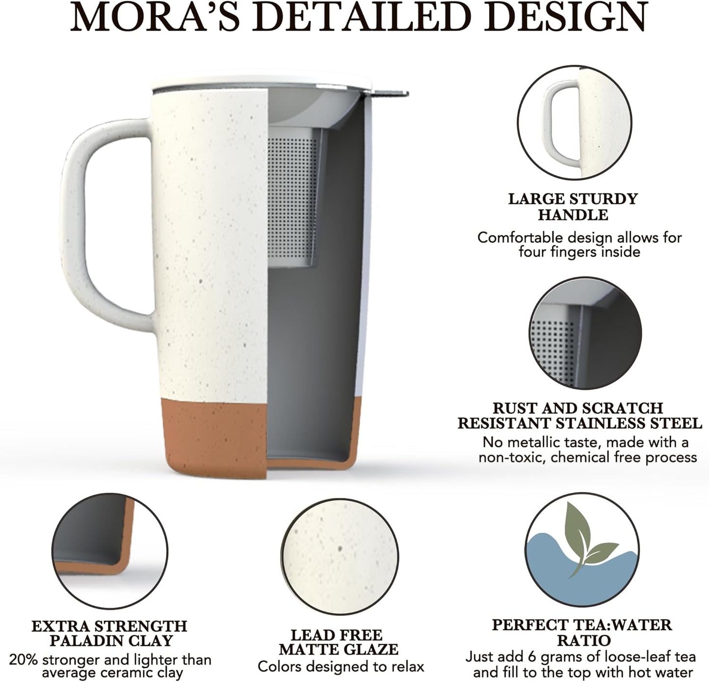 Ceramics Large Tea Mug with Loose Leaf Infuser and Ceramic Lid, 18 oz, Portable, Microwave and Dishwasher Safe, Tall Coffee Cup - Rustic Matte Ceramic Glaze, Modern Herbal Tea Strainer, Sleet