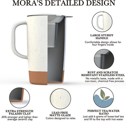 Ceramics Large Tea Mug with Loose Leaf Infuser and Ceramic Lid, 18 oz, Portable, Microwave and Dishwasher Safe, Tall Coffee Cup - Rustic Matte Ceramic Glaze, Modern Herbal Tea Strainer, Sleet