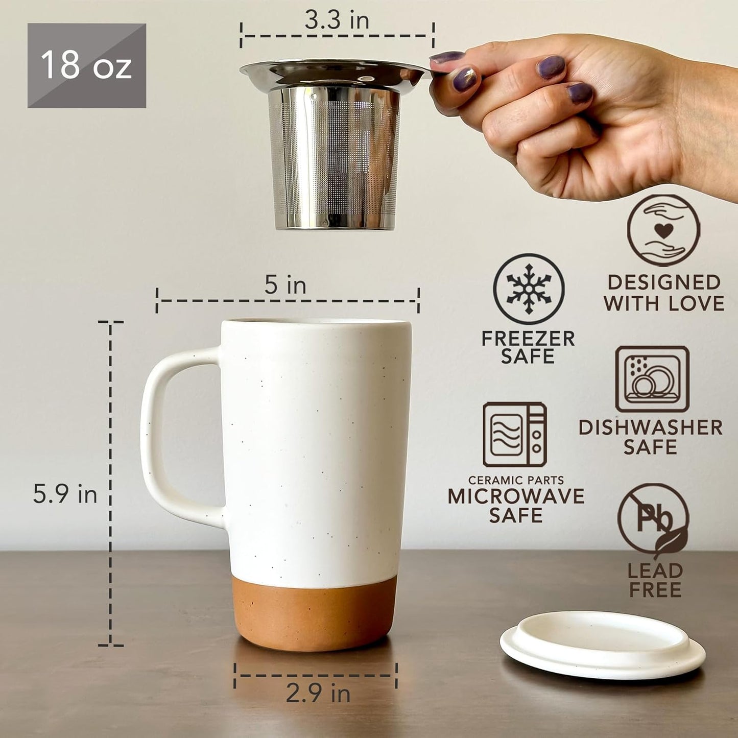 Ceramics Large Tea Mug with Loose Leaf Infuser and Ceramic Lid, 18 oz, Portable, Microwave and Dishwasher Safe, Tall Coffee Cup - Rustic Matte Ceramic Glaze, Modern Herbal Tea Strainer, Sleet