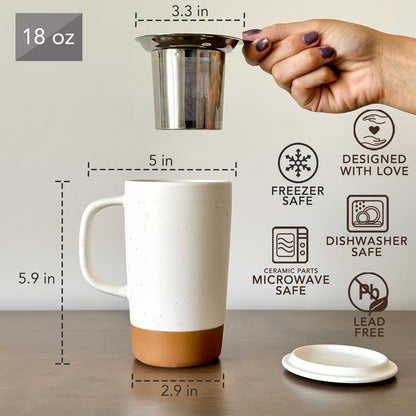 Ceramics Large Tea Mug with Loose Leaf Infuser and Ceramic Lid, 18 oz, Portable, Microwave and Dishwasher Safe, Tall Coffee Cup - Rustic Matte Ceramic Glaze, Modern Herbal Tea Strainer, Sleet