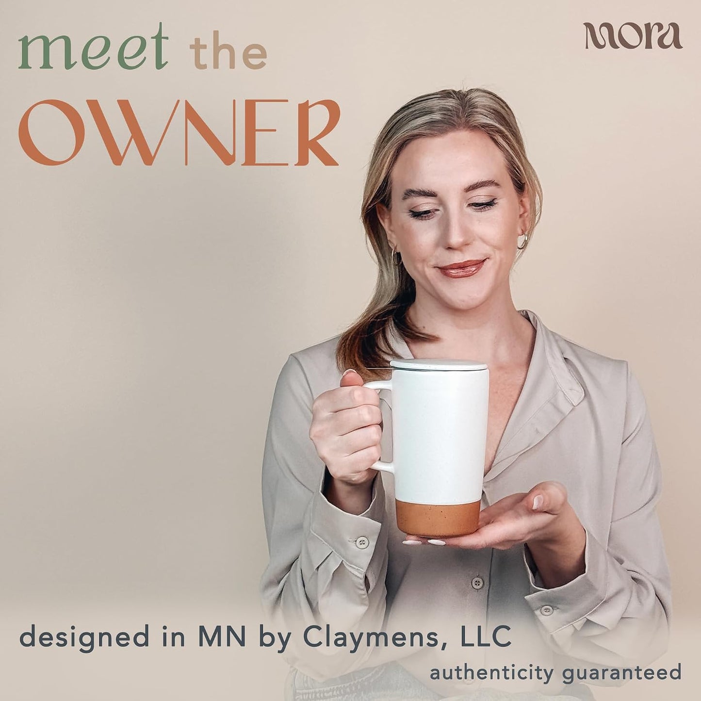 Ceramics Large Tea Mug with Loose Leaf Infuser and Ceramic Lid, 18 oz, Portable, Microwave and Dishwasher Safe, Tall Coffee Cup - Rustic Matte Ceramic Glaze, Modern Herbal Tea Strainer, Sleet