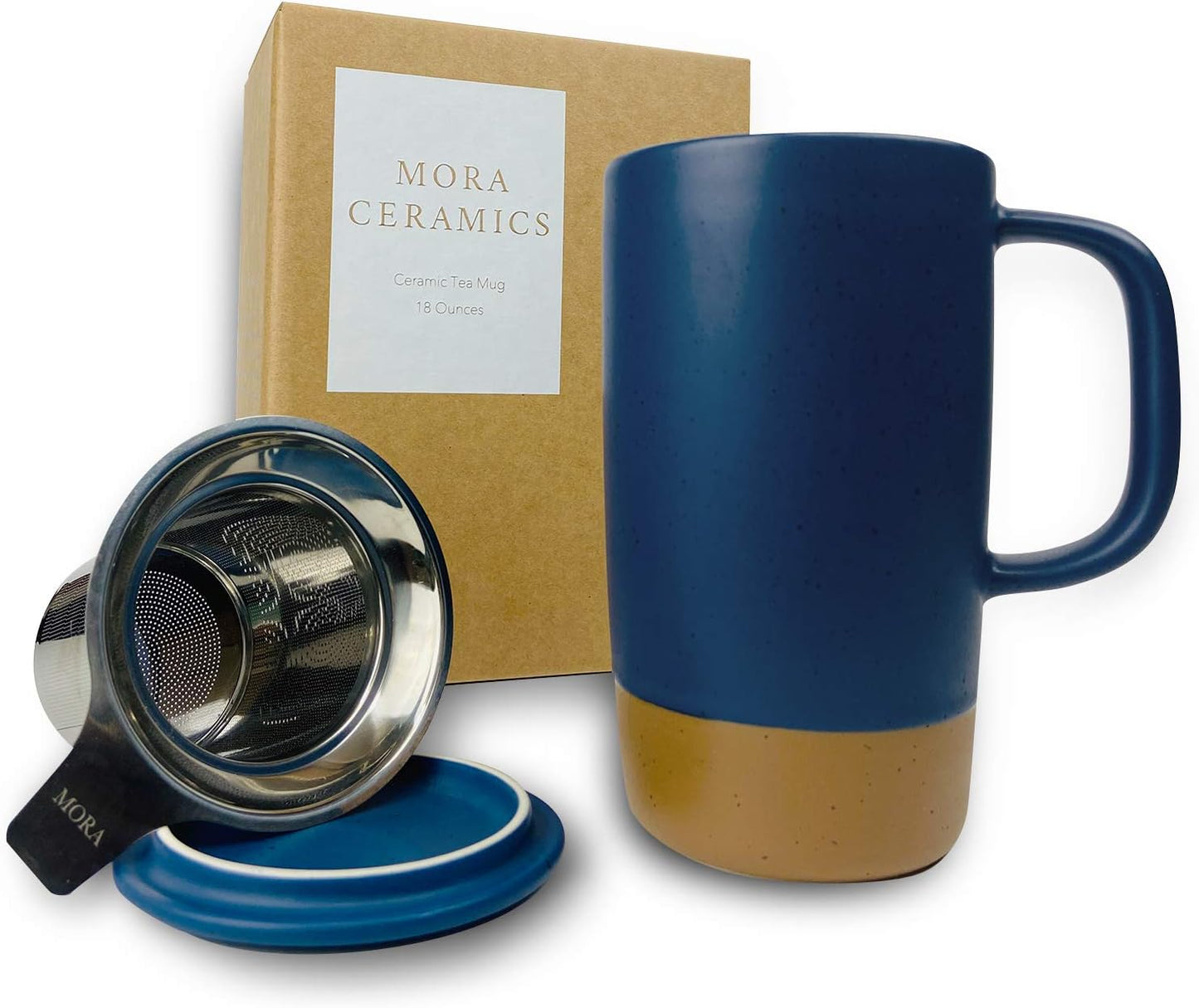 Ceramics Large Tea Mug with Loose Leaf Infuser and Ceramic Lid, 18 oz, Portable, Microwave and Dishwasher Safe, Tall Coffee Cup - Rustic Matte Ceramic Glaze, Modern Herbal Tea Strainer, Sleet