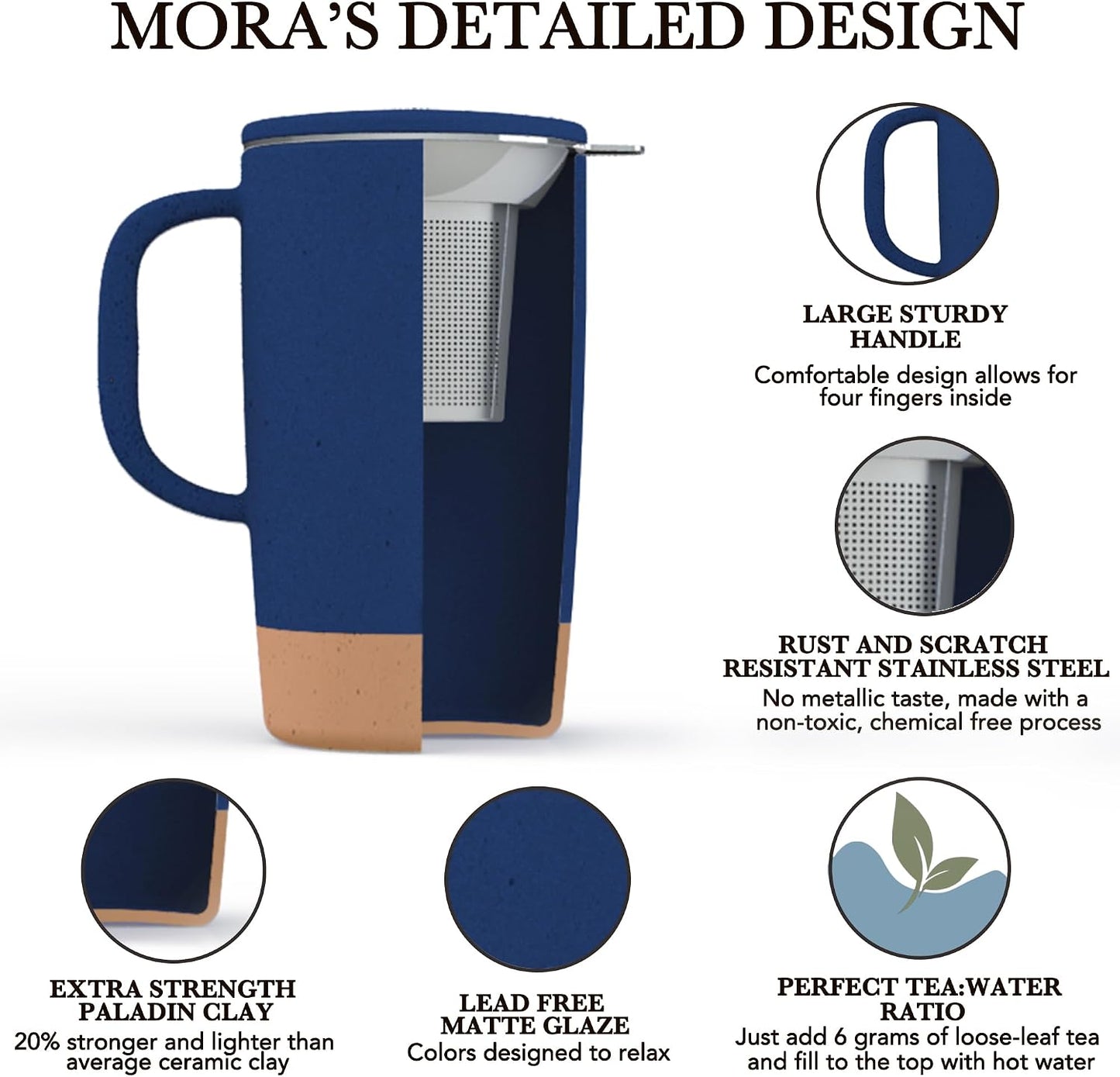 Ceramics Large Tea Mug with Loose Leaf Infuser and Ceramic Lid, 18 oz, Portable, Microwave and Dishwasher Safe, Tall Coffee Cup - Rustic Matte Ceramic Glaze, Modern Herbal Tea Strainer, Sleet