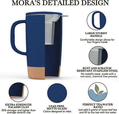 Ceramics Large Tea Mug with Loose Leaf Infuser and Ceramic Lid, 18 oz, Portable, Microwave and Dishwasher Safe, Tall Coffee Cup - Rustic Matte Ceramic Glaze, Modern Herbal Tea Strainer, Sleet