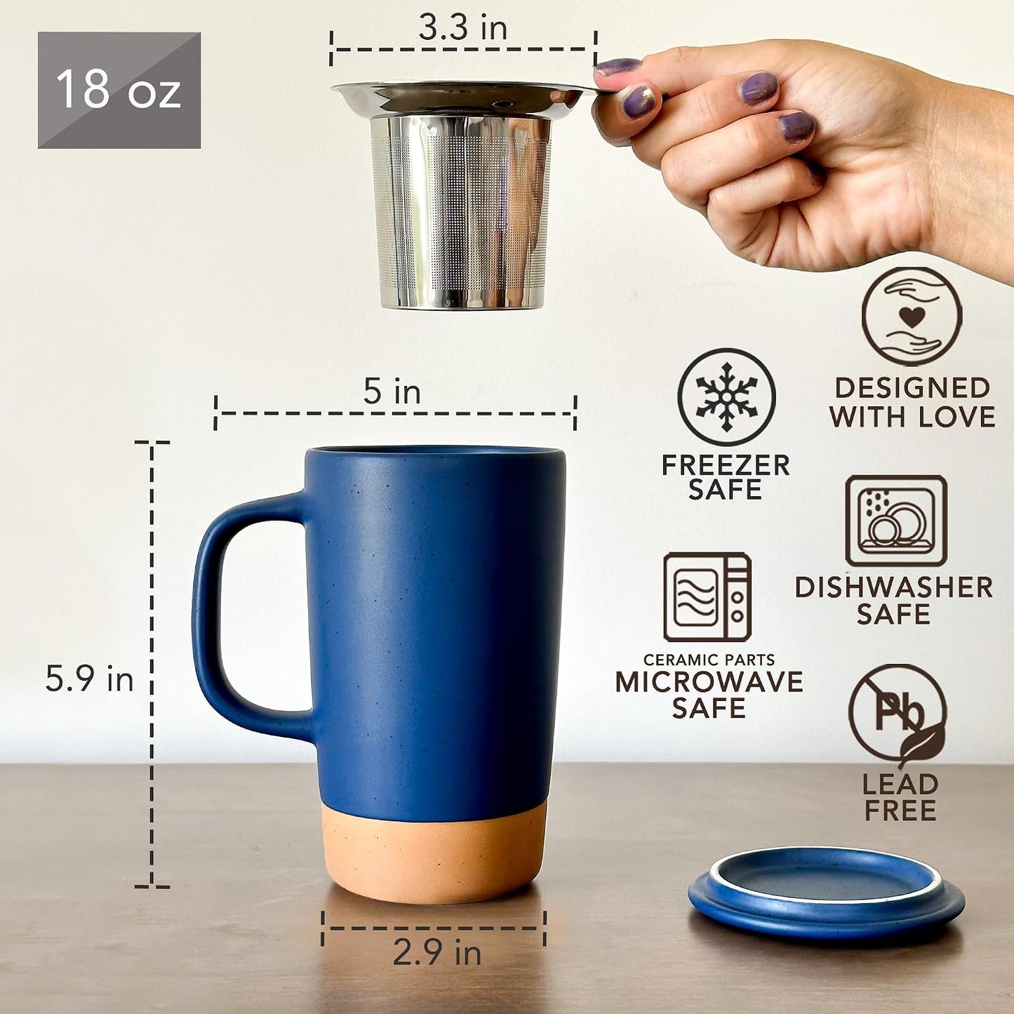 Ceramics Large Tea Mug with Loose Leaf Infuser and Ceramic Lid, 18 oz, Portable, Microwave and Dishwasher Safe, Tall Coffee Cup - Rustic Matte Ceramic Glaze, Modern Herbal Tea Strainer, Sleet