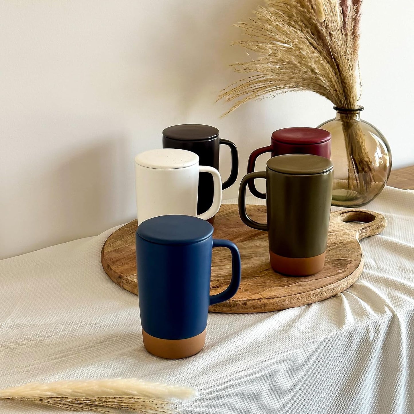 Ceramics Large Tea Mug with Loose Leaf Infuser and Ceramic Lid, 18 oz, Portable, Microwave and Dishwasher Safe, Tall Coffee Cup - Rustic Matte Ceramic Glaze, Modern Herbal Tea Strainer, Sleet