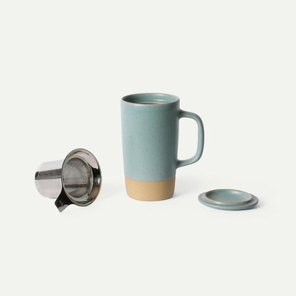 Ceramics Large Tea Mug with Loose Leaf Infuser and Ceramic Lid, 18 oz, Portable, Microwave and Dishwasher Safe, Tall Coffee Cup - Rustic Matte Ceramic Glaze, Modern Herbal Tea Strainer, Sleet