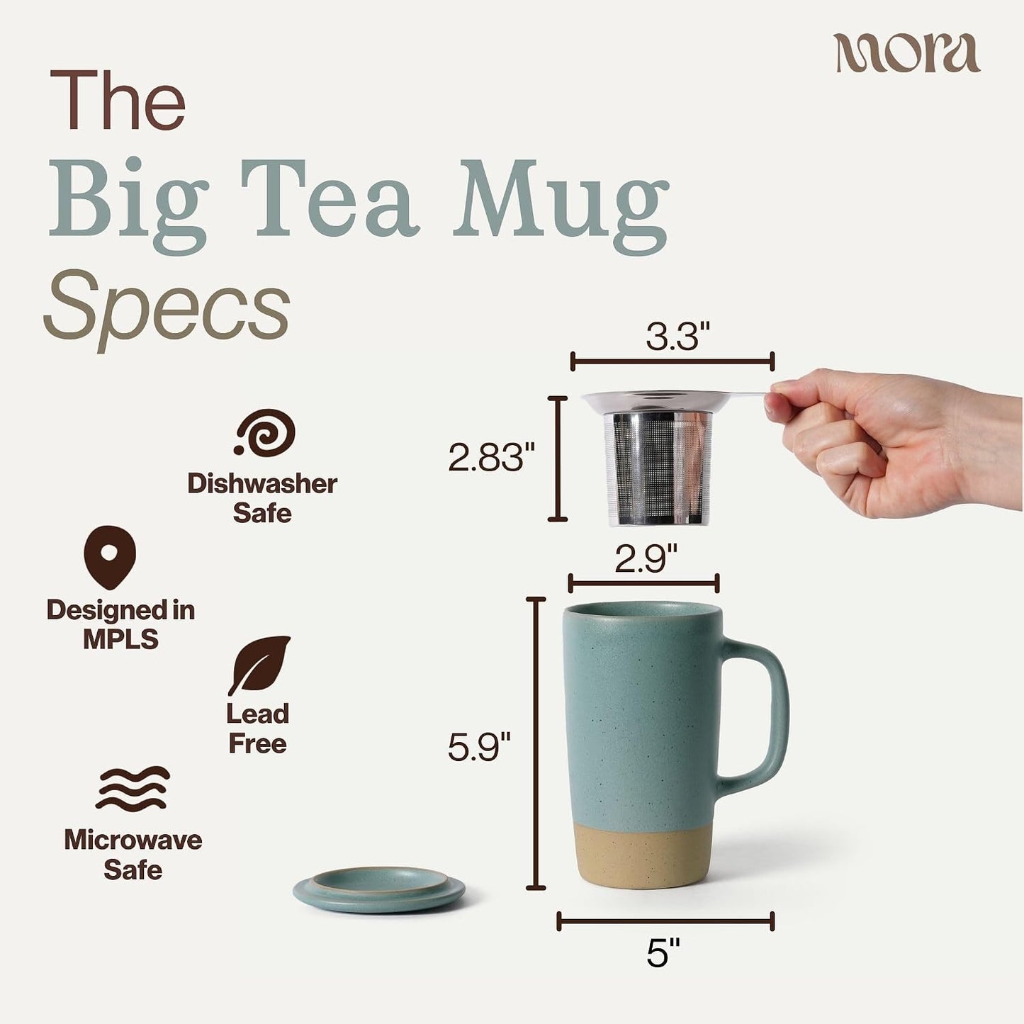 Ceramics Large Tea Mug with Loose Leaf Infuser and Ceramic Lid, 18 oz, Portable, Microwave and Dishwasher Safe, Tall Coffee Cup - Rustic Matte Ceramic Glaze, Modern Herbal Tea Strainer, Sleet