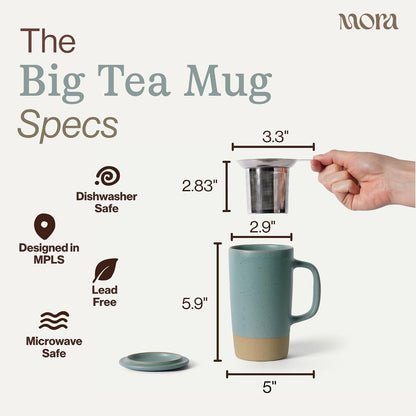 Ceramics Large Tea Mug with Loose Leaf Infuser and Ceramic Lid, 18 oz, Portable, Microwave and Dishwasher Safe, Tall Coffee Cup - Rustic Matte Ceramic Glaze, Modern Herbal Tea Strainer, Sleet