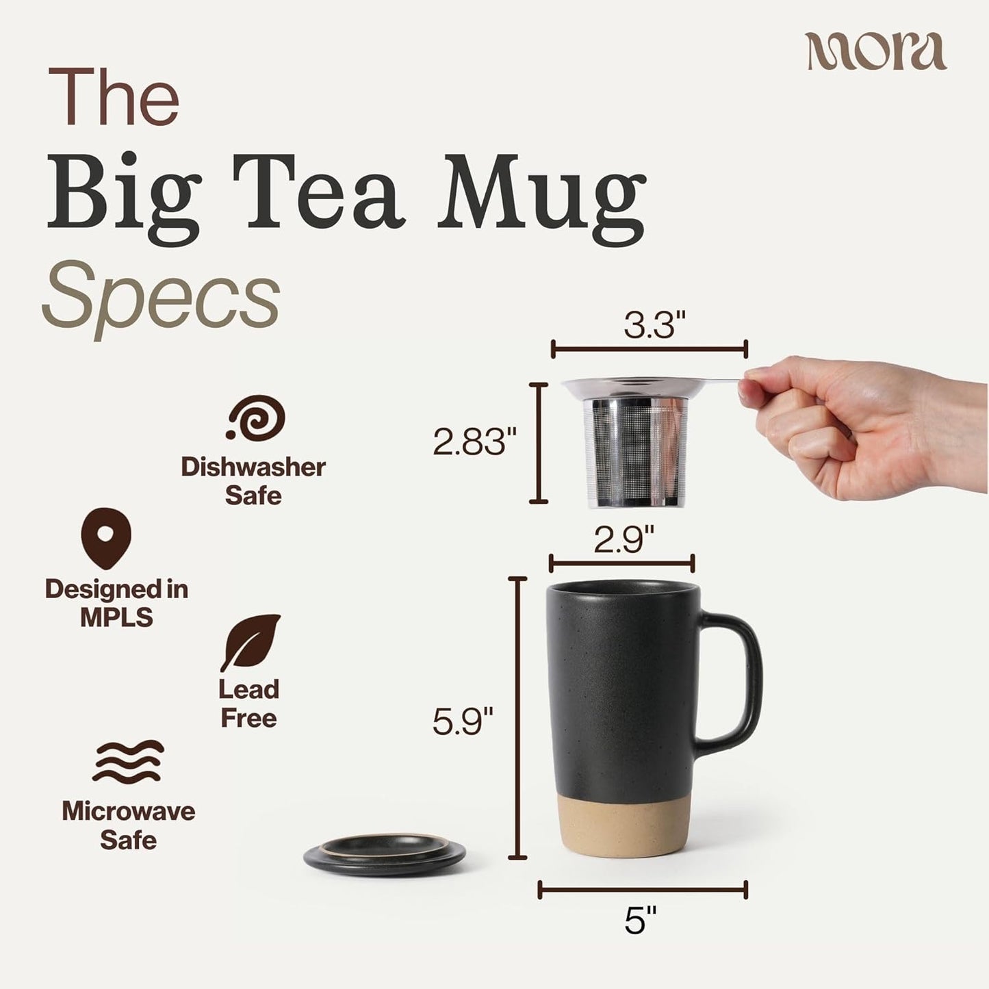 Ceramics Large Tea Mug with Loose Leaf Infuser and Ceramic Lid, 18 oz, Portable, Microwave and Dishwasher Safe, Tall Coffee Cup - Rustic Matte Ceramic Glaze, Modern Herbal Tea Strainer, Sleet