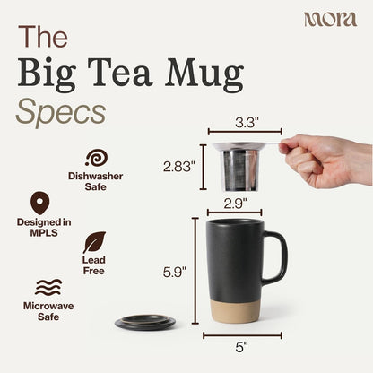 Ceramics Large Tea Mug with Loose Leaf Infuser and Ceramic Lid, 18 oz, Portable, Microwave and Dishwasher Safe, Tall Coffee Cup - Rustic Matte Ceramic Glaze, Modern Herbal Tea Strainer, Sleet