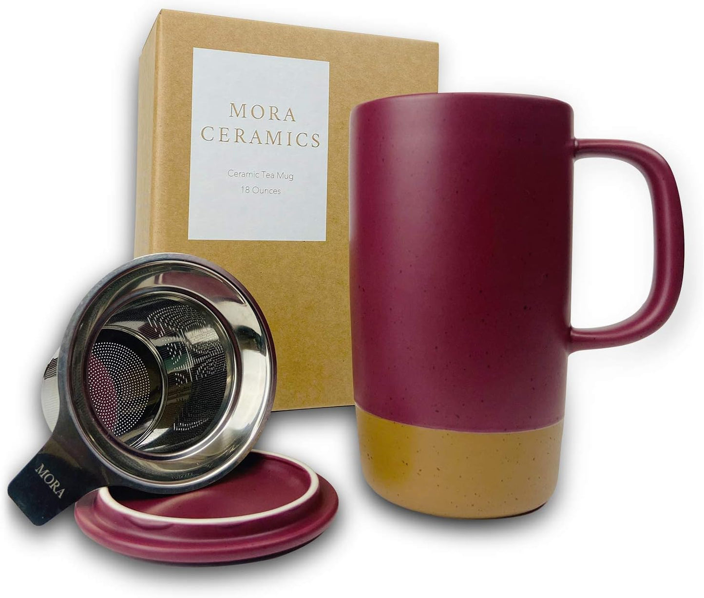Ceramics Large Tea Mug with Loose Leaf Infuser and Ceramic Lid, 18 oz, Portable, Microwave and Dishwasher Safe, Tall Coffee Cup - Rustic Matte Ceramic Glaze, Modern Herbal Tea Strainer, Sleet