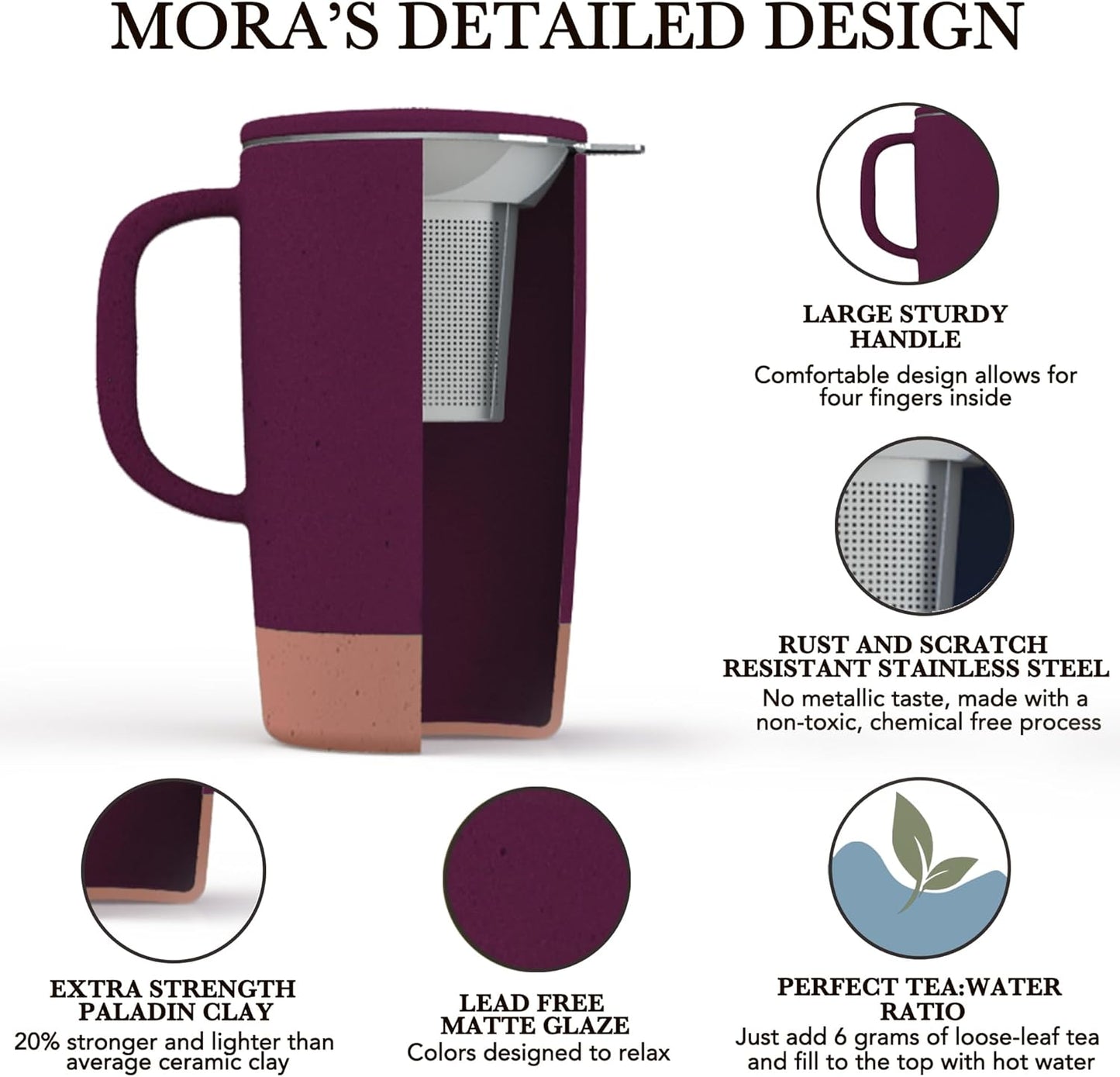 Ceramics Large Tea Mug with Loose Leaf Infuser and Ceramic Lid, 18 oz, Portable, Microwave and Dishwasher Safe, Tall Coffee Cup - Rustic Matte Ceramic Glaze, Modern Herbal Tea Strainer, Sleet