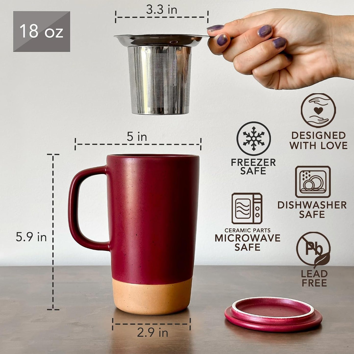 Ceramics Large Tea Mug with Loose Leaf Infuser and Ceramic Lid, 18 oz, Portable, Microwave and Dishwasher Safe, Tall Coffee Cup - Rustic Matte Ceramic Glaze, Modern Herbal Tea Strainer, Sleet