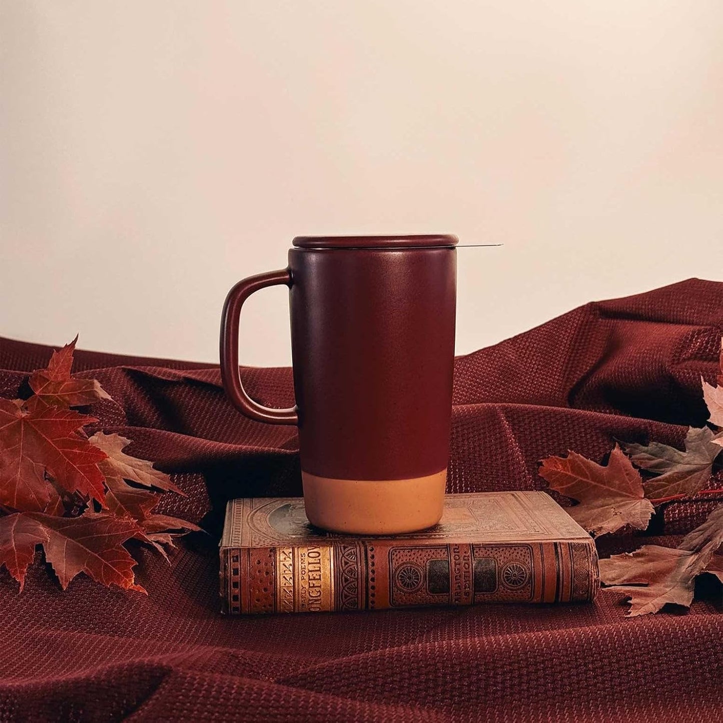 Ceramics Large Tea Mug with Loose Leaf Infuser and Ceramic Lid, 18 oz, Portable, Microwave and Dishwasher Safe, Tall Coffee Cup - Rustic Matte Ceramic Glaze, Modern Herbal Tea Strainer, Sleet
