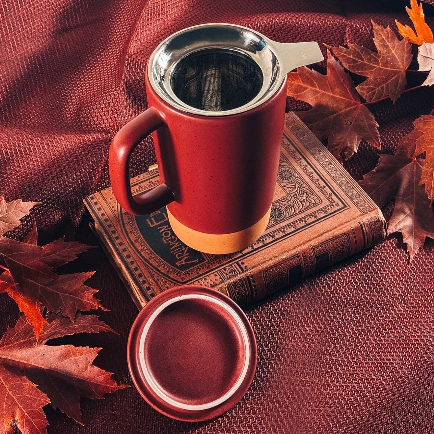 Ceramics Large Tea Mug with Loose Leaf Infuser and Ceramic Lid, 18 oz, Portable, Microwave and Dishwasher Safe, Tall Coffee Cup - Rustic Matte Ceramic Glaze, Modern Herbal Tea Strainer, Sleet