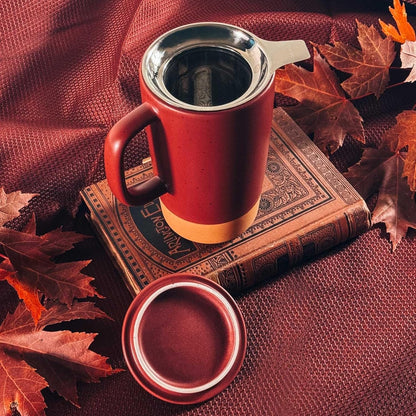 Ceramics Large Tea Mug with Loose Leaf Infuser and Ceramic Lid, 18 oz, Portable, Microwave and Dishwasher Safe, Tall Coffee Cup - Rustic Matte Ceramic Glaze, Modern Herbal Tea Strainer, Sleet