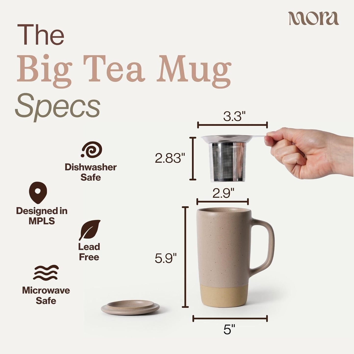 Ceramics Large Tea Mug with Loose Leaf Infuser and Ceramic Lid, 18 oz, Portable, Microwave and Dishwasher Safe, Tall Coffee Cup - Rustic Matte Ceramic Glaze, Modern Herbal Tea Strainer, Sleet