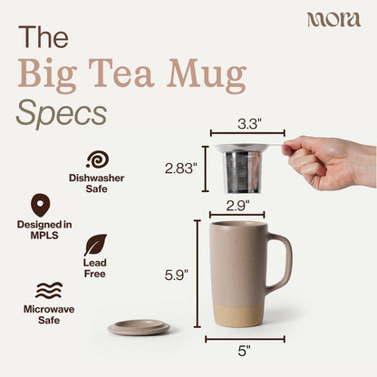 Ceramics Large Tea Mug with Loose Leaf Infuser and Ceramic Lid, 18 oz, Portable, Microwave and Dishwasher Safe, Tall Coffee Cup - Rustic Matte Ceramic Glaze, Modern Herbal Tea Strainer, Sleet