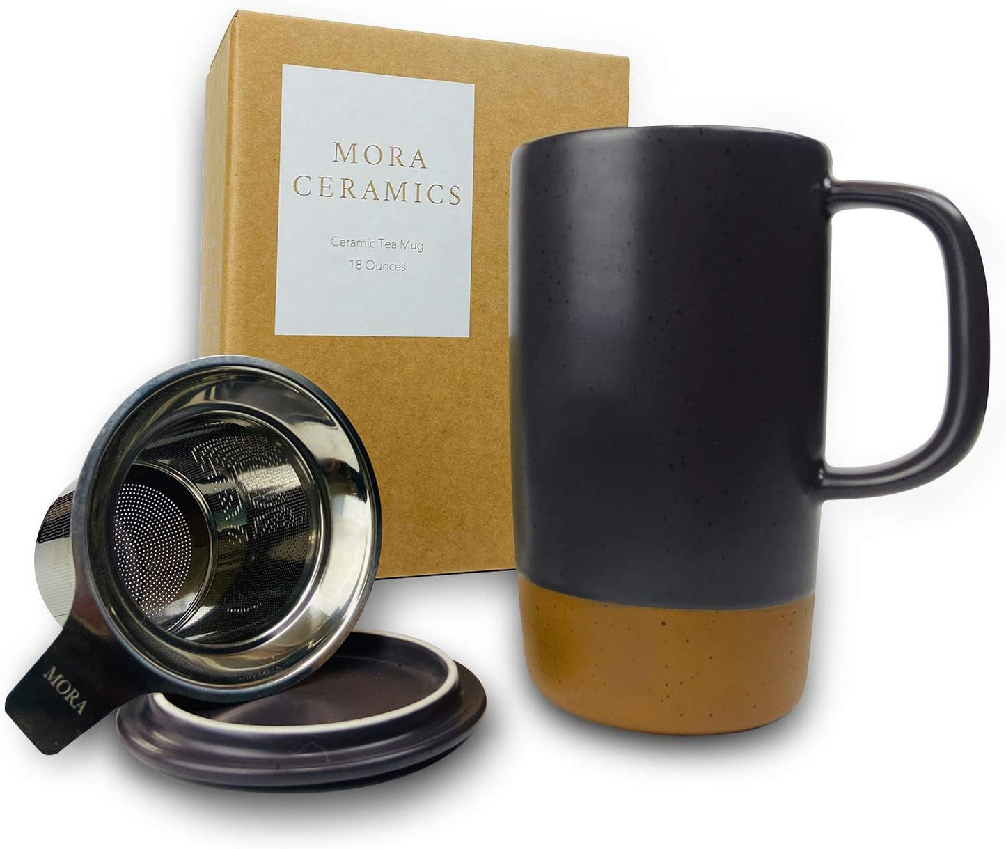 Ceramics Large Tea Mug with Loose Leaf Infuser and Ceramic Lid, 18 oz, Portable, Microwave and Dishwasher Safe, Tall Coffee Cup - Rustic Matte Ceramic Glaze, Modern Herbal Tea Strainer, Sleet