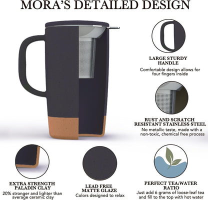 Ceramics Large Tea Mug with Loose Leaf Infuser and Ceramic Lid, 18 oz, Portable, Microwave and Dishwasher Safe, Tall Coffee Cup - Rustic Matte Ceramic Glaze, Modern Herbal Tea Strainer, Sleet