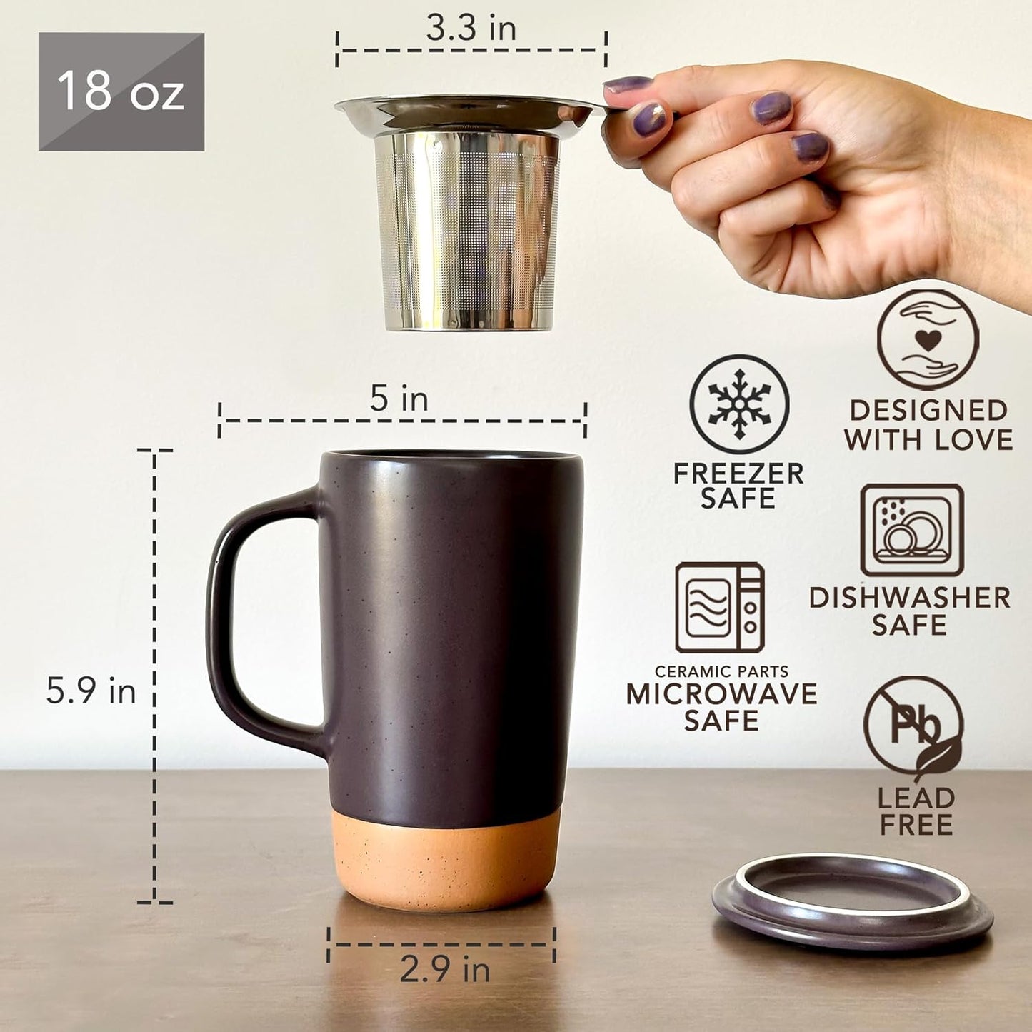Ceramics Large Tea Mug with Loose Leaf Infuser and Ceramic Lid, 18 oz, Portable, Microwave and Dishwasher Safe, Tall Coffee Cup - Rustic Matte Ceramic Glaze, Modern Herbal Tea Strainer, Sleet