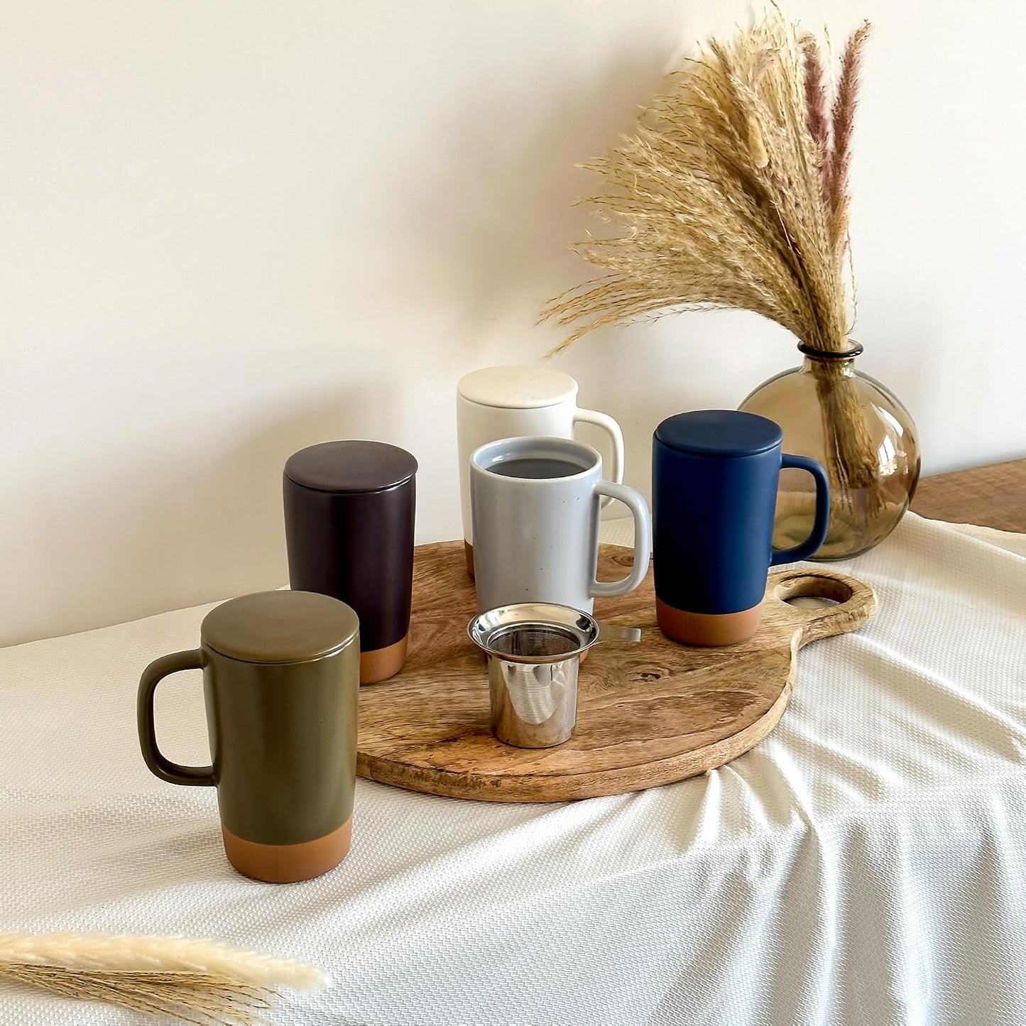 Ceramics Large Tea Mug with Loose Leaf Infuser and Ceramic Lid, 18 oz, Portable, Microwave and Dishwasher Safe, Tall Coffee Cup - Rustic Matte Ceramic Glaze, Modern Herbal Tea Strainer, Sleet