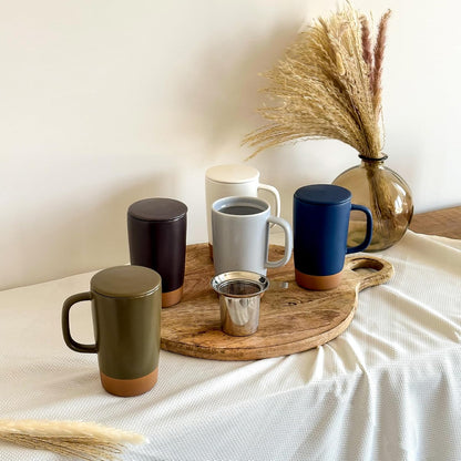 Ceramics Large Tea Mug with Loose Leaf Infuser and Ceramic Lid, 18 oz, Portable, Microwave and Dishwasher Safe, Tall Coffee Cup - Rustic Matte Ceramic Glaze, Modern Herbal Tea Strainer, Sleet