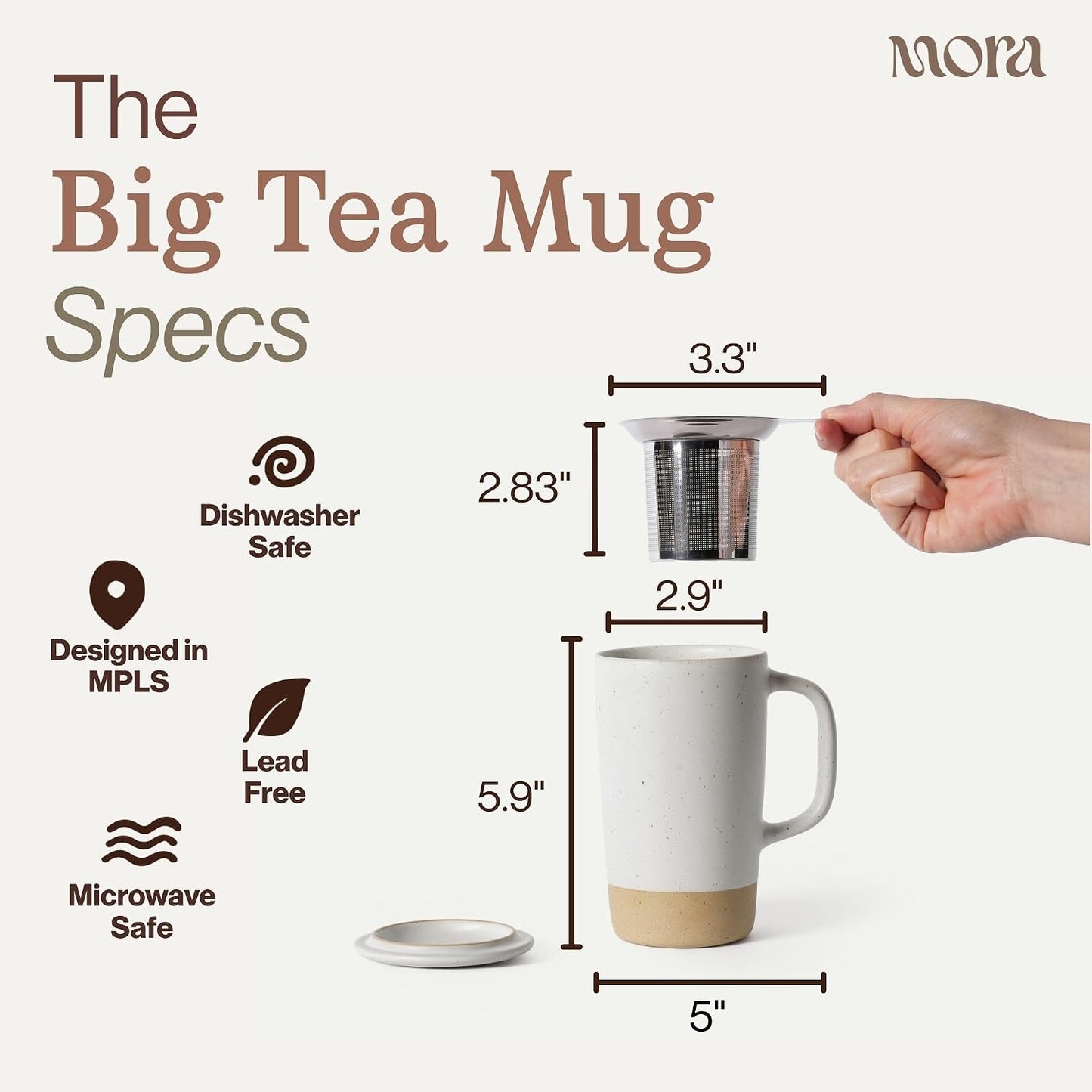 Ceramics Large Tea Mug with Loose Leaf Infuser and Ceramic Lid, 18 oz, Portable, Microwave and Dishwasher Safe, Tall Coffee Cup - Rustic Matte Ceramic Glaze, Modern Herbal Tea Strainer, Sleet