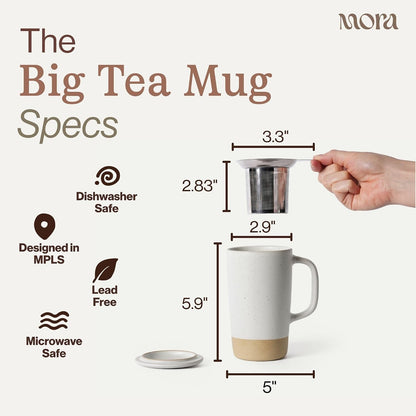 Ceramics Large Tea Mug with Loose Leaf Infuser and Ceramic Lid, 18 oz, Portable, Microwave and Dishwasher Safe, Tall Coffee Cup - Rustic Matte Ceramic Glaze, Modern Herbal Tea Strainer, Sleet