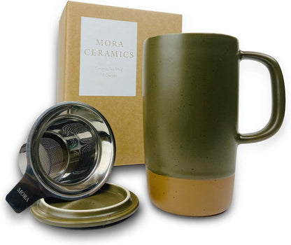 Ceramics Large Tea Mug with Loose Leaf Infuser and Ceramic Lid, 18 oz, Portable, Microwave and Dishwasher Safe, Tall Coffee Cup - Rustic Matte Ceramic Glaze, Modern Herbal Tea Strainer, Sleet