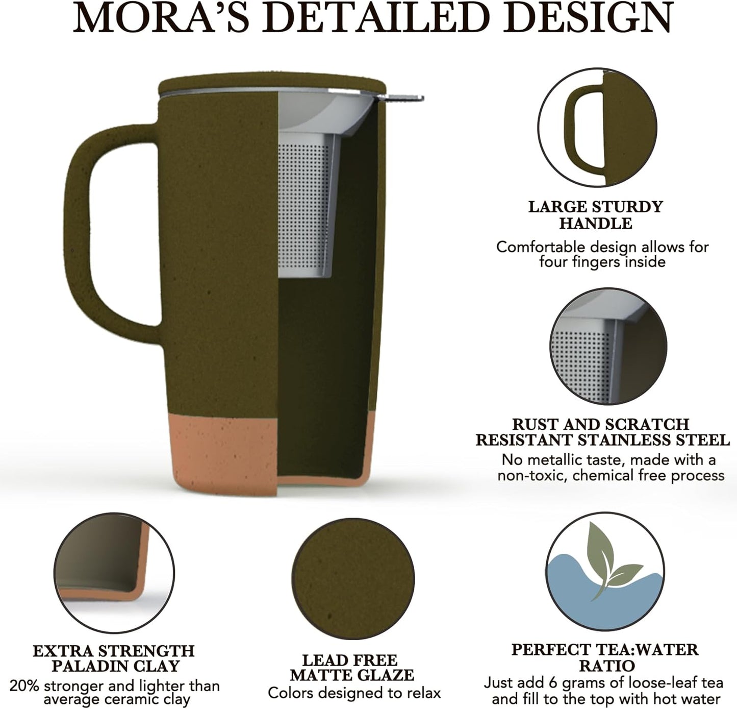 Ceramics Large Tea Mug with Loose Leaf Infuser and Ceramic Lid, 18 oz, Portable, Microwave and Dishwasher Safe, Tall Coffee Cup - Rustic Matte Ceramic Glaze, Modern Herbal Tea Strainer, Sleet