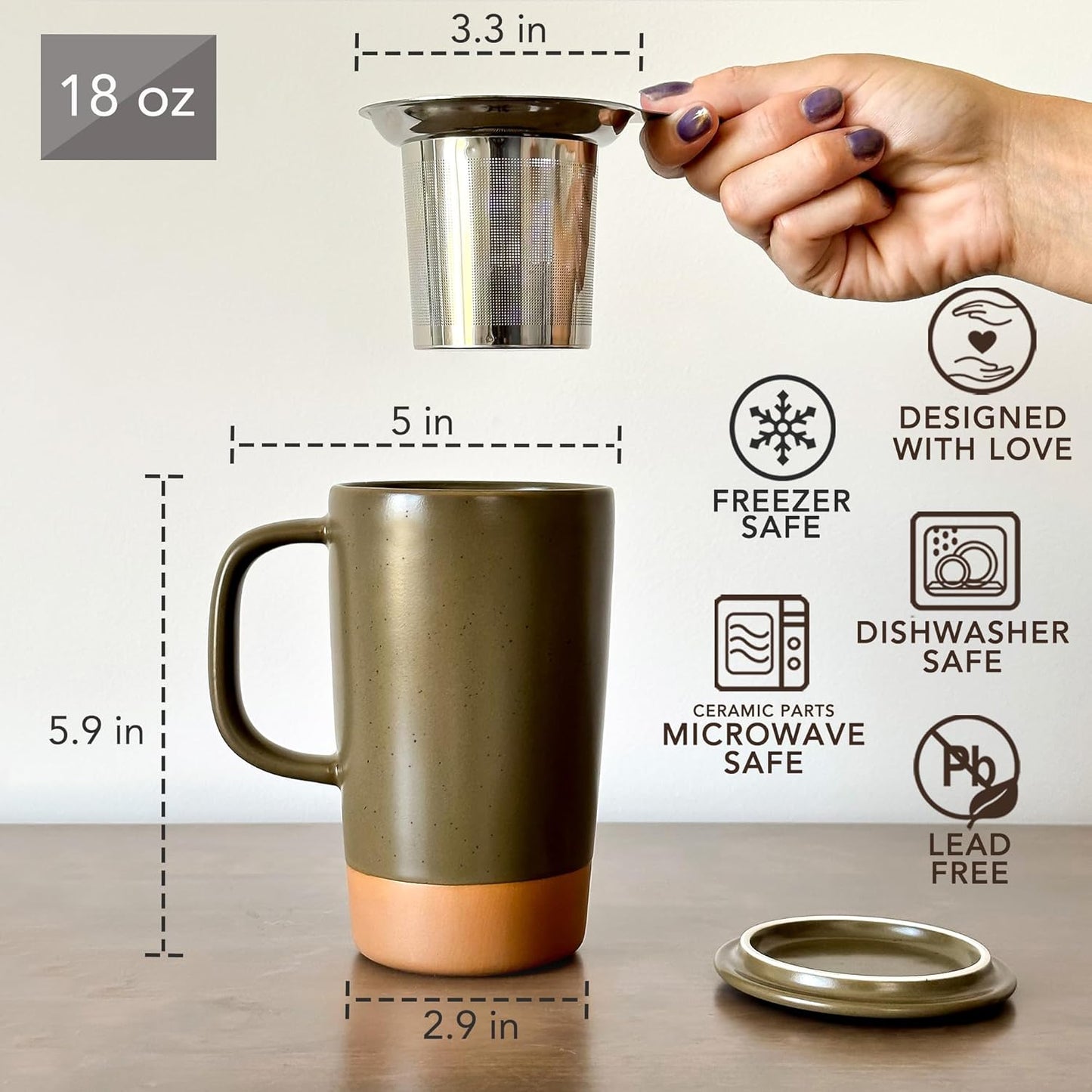 Ceramics Large Tea Mug with Loose Leaf Infuser and Ceramic Lid, 18 oz, Portable, Microwave and Dishwasher Safe, Tall Coffee Cup - Rustic Matte Ceramic Glaze, Modern Herbal Tea Strainer, Sleet