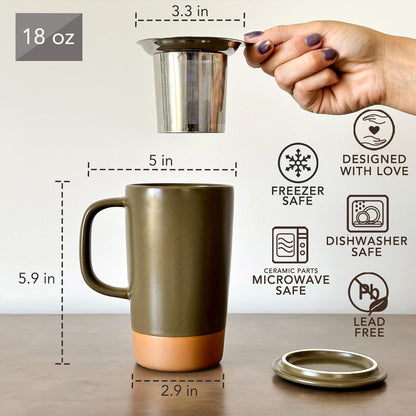 Ceramics Large Tea Mug with Loose Leaf Infuser and Ceramic Lid, 18 oz, Portable, Microwave and Dishwasher Safe, Tall Coffee Cup - Rustic Matte Ceramic Glaze, Modern Herbal Tea Strainer, Sleet
