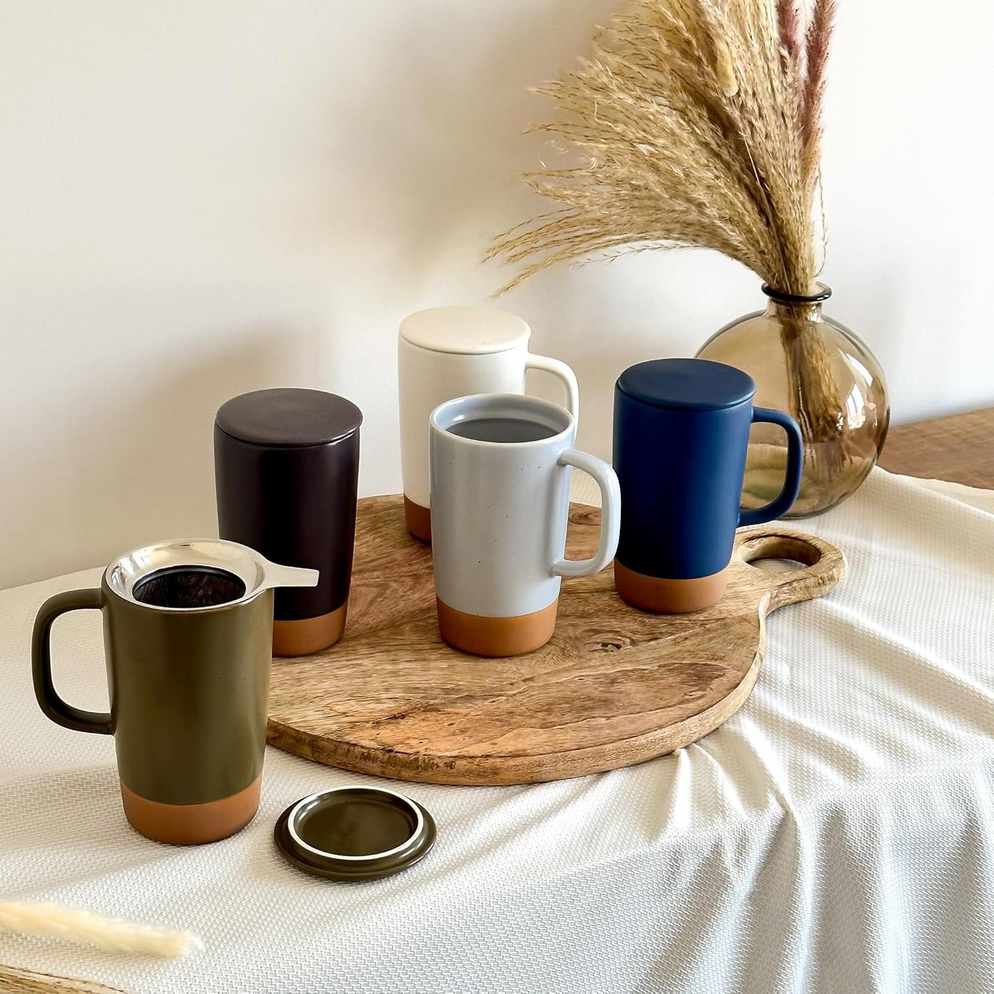 Ceramics Large Tea Mug with Loose Leaf Infuser and Ceramic Lid, 18 oz, Portable, Microwave and Dishwasher Safe, Tall Coffee Cup - Rustic Matte Ceramic Glaze, Modern Herbal Tea Strainer, Sleet