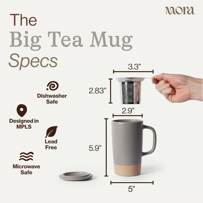 Ceramics Large Tea Mug with Loose Leaf Infuser and Ceramic Lid, 18 oz, Portable, Microwave and Dishwasher Safe, Tall Coffee Cup - Rustic Matte Ceramic Glaze, Modern Herbal Tea Strainer, Sleet