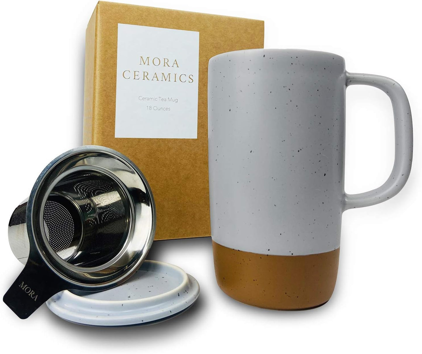 Ceramics Large Tea Mug with Loose Leaf Infuser and Ceramic Lid, 18 oz, Portable, Microwave and Dishwasher Safe, Tall Coffee Cup - Rustic Matte Ceramic Glaze, Modern Herbal Tea Strainer, Sleet