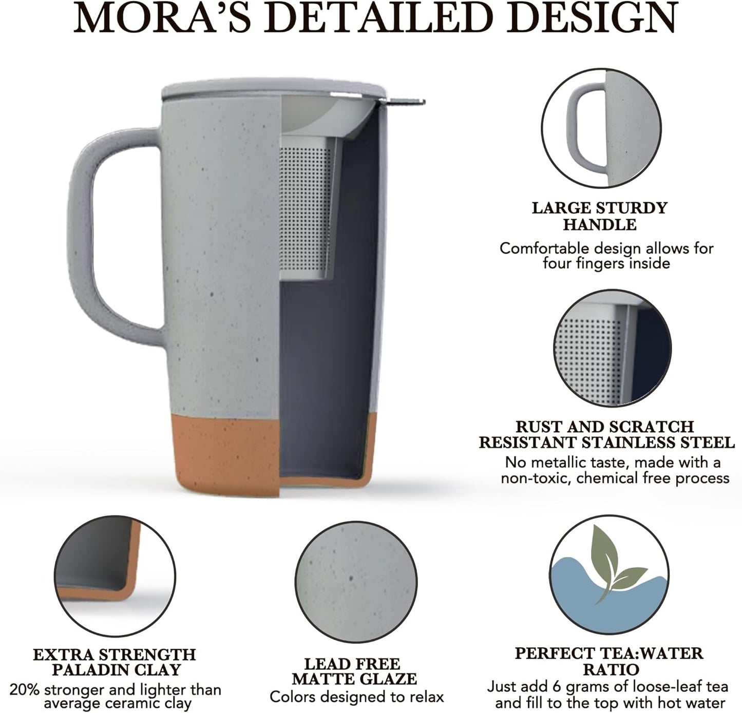 Ceramics Large Tea Mug with Loose Leaf Infuser and Ceramic Lid, 18 oz, Portable, Microwave and Dishwasher Safe, Tall Coffee Cup - Rustic Matte Ceramic Glaze, Modern Herbal Tea Strainer, Sleet